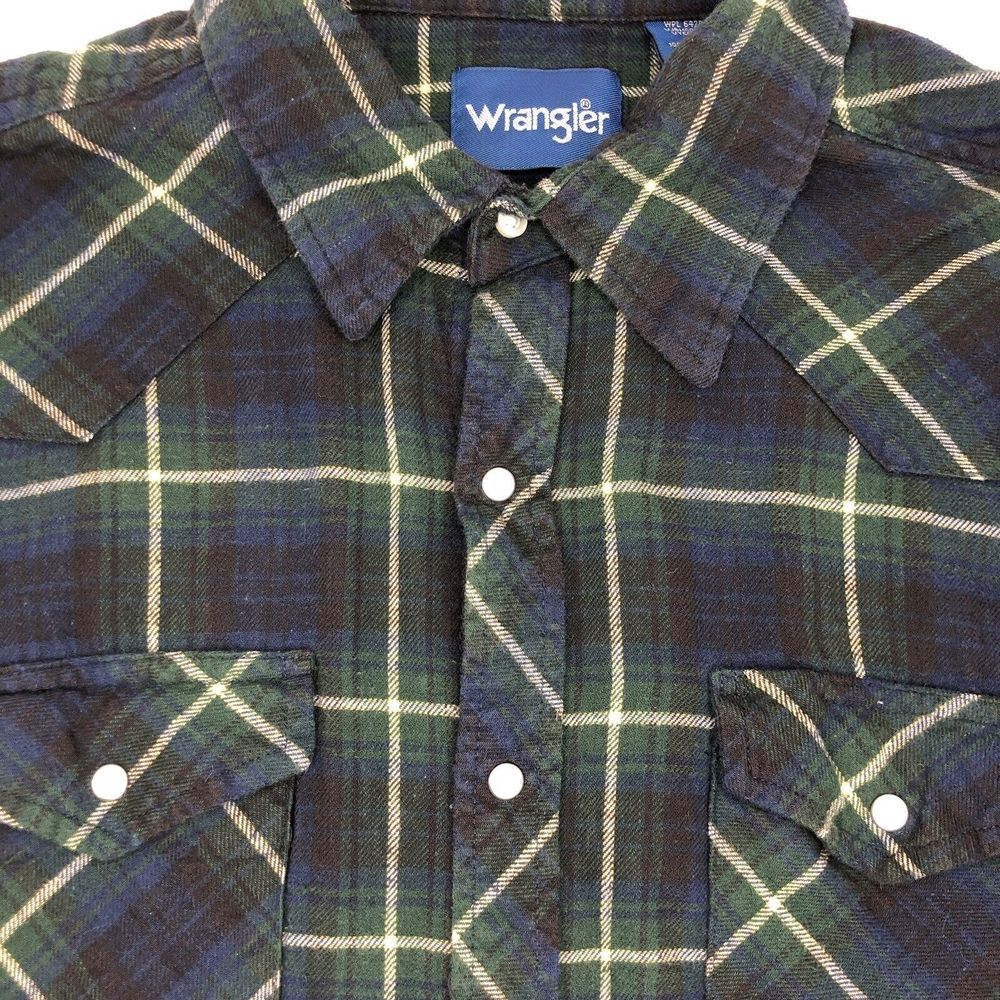 Wrangler Men's XL Green Blue Plaid Flannel Pearl Snap Long‎ Sleeve Western Shirt